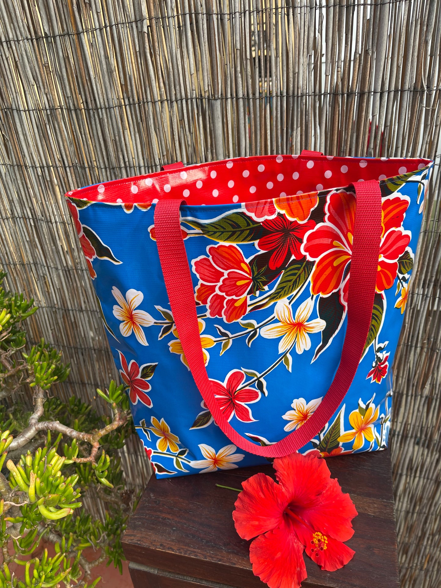 Reversible Oilcloth Totebag - Blue Hibiscus with White on Red Polka - Two Sizes