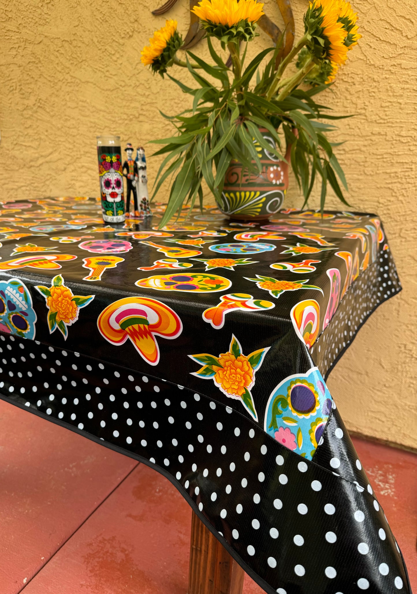 Black Skulls and Polka Oilcloth Tablecloth 84” x 56”