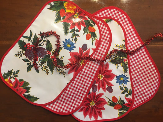 White Vintage Christmas and Red Gingham Reversible Oilcloth Placemats - set of 4