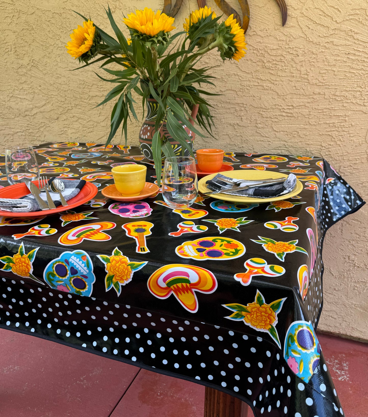 Black Skulls and Polka Oilcloth Tablecloth 84” x 56”