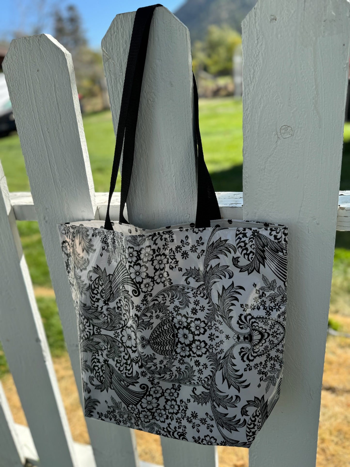 Reversible Oilcloth Totebag - Black and White Toile with Pink or Black Polka - Two Sizes