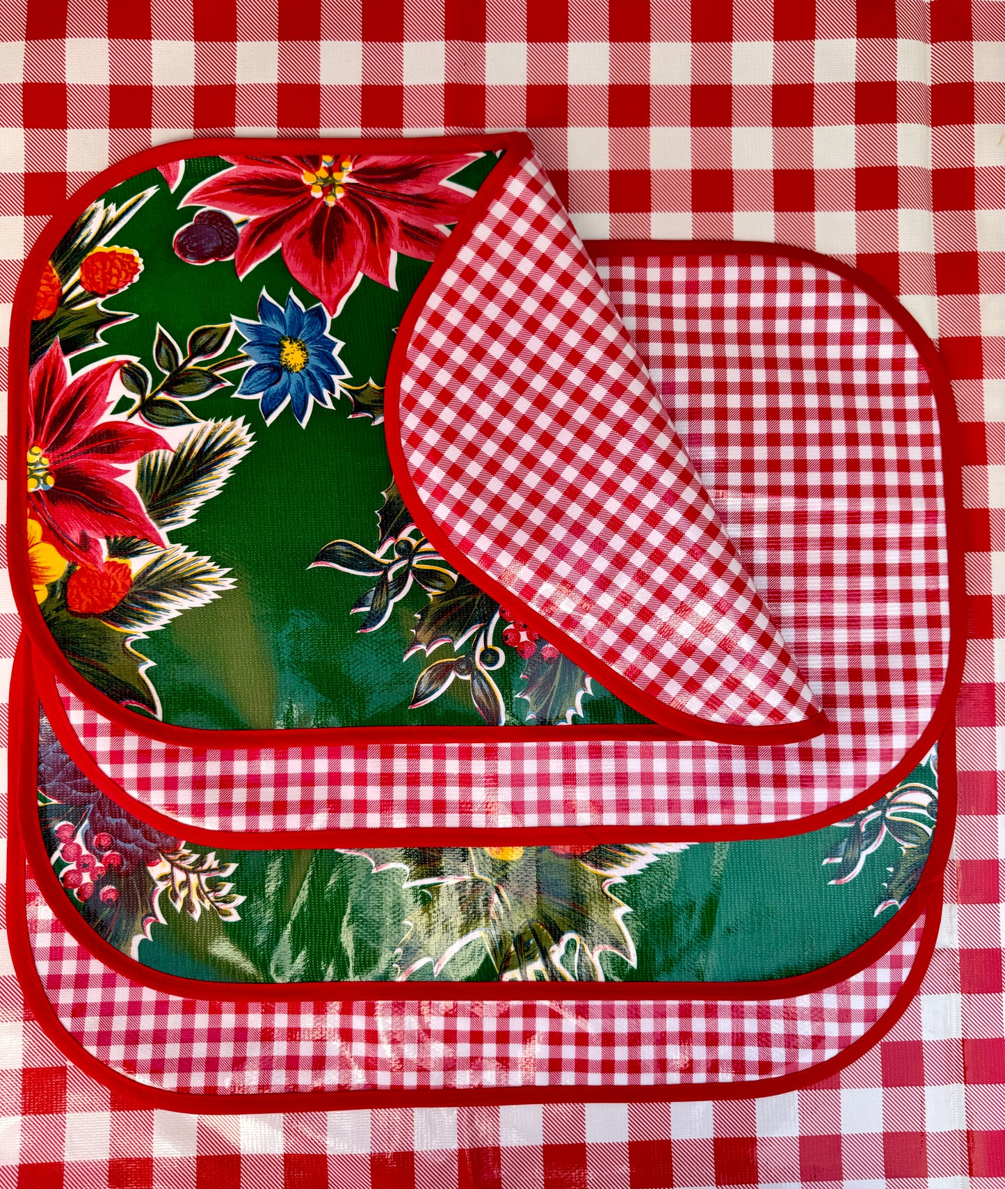 Green Vintage Christmas Reversible Oilcloth Placemats - set of 4