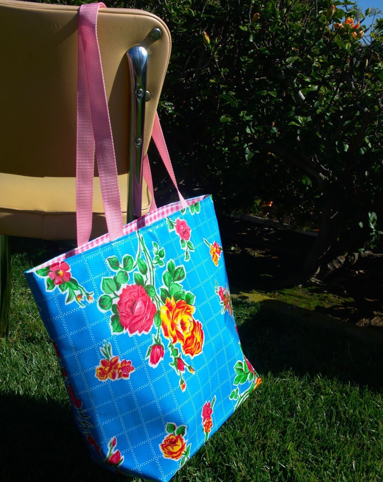 Reversible Oilcloth Totebag - Aqua Roses with Pink Gingham - Two Sizes