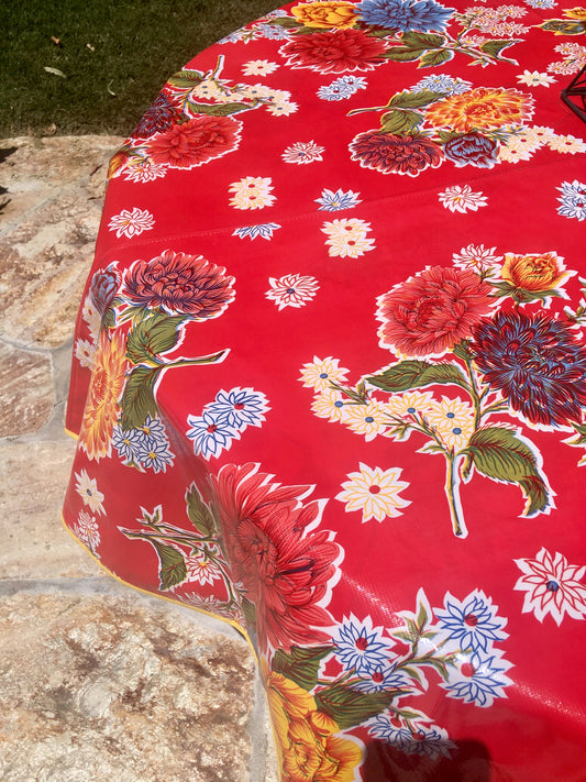 Round Red Mums Oilcloth Tablecloths