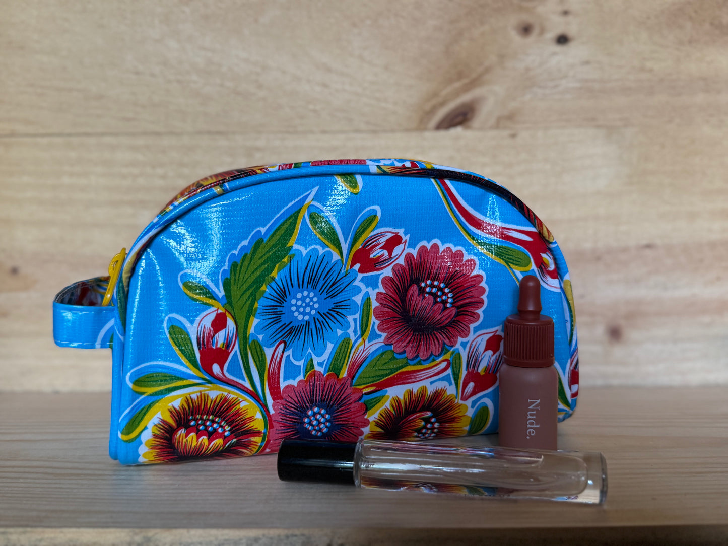 Light Blue Spring Bloom Oilcloth Cosmetic Bag- Small