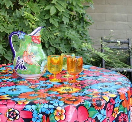 Flora on Black Oilcloth Fabric