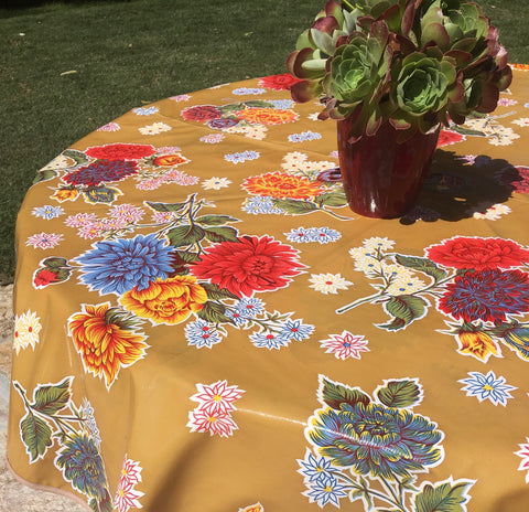 Round Tan Mums Oilcloth Tablecloth