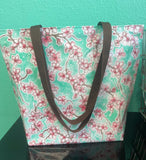Reversible Oilcloth Totebag - Seafoam Cherry Blossom with Pink Polka Dots - Two Sizes