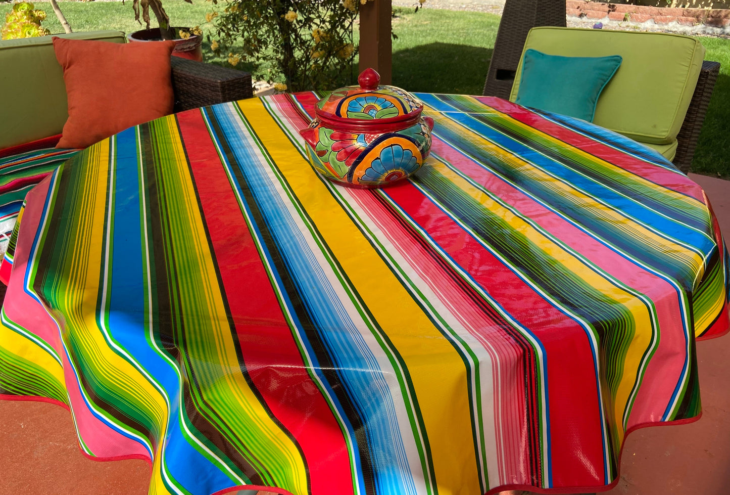 70" Round Custom Made To Order Oilcloth Tablecloth - Border Optional