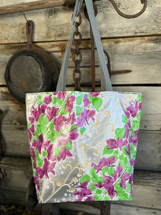 Reversible Oilcloth Totebag - Silver Bougainvillea and Silver on White Polka
