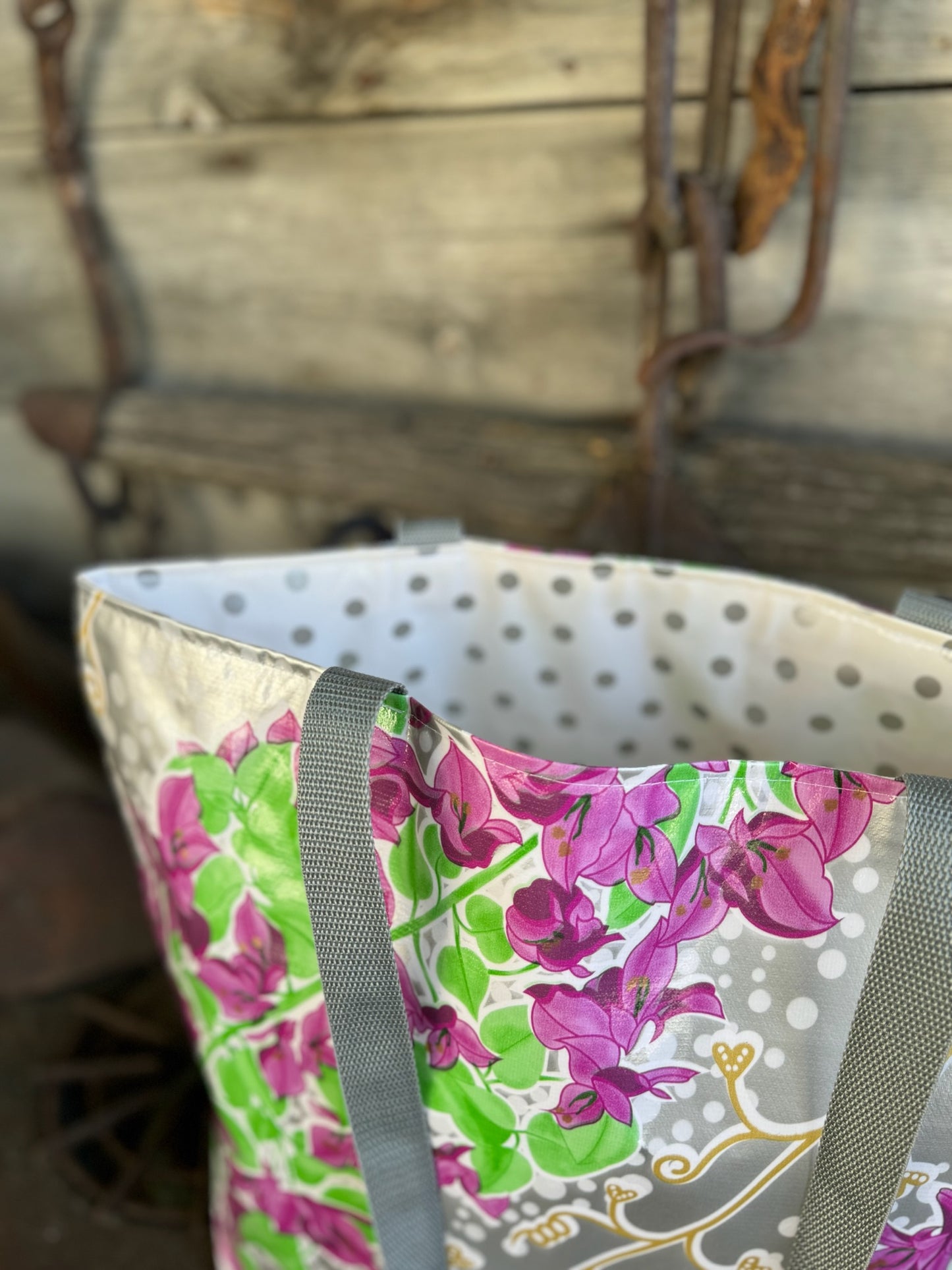 Reversible Oilcloth Totebag - Silver Bougainvillea and Silver on White Polka