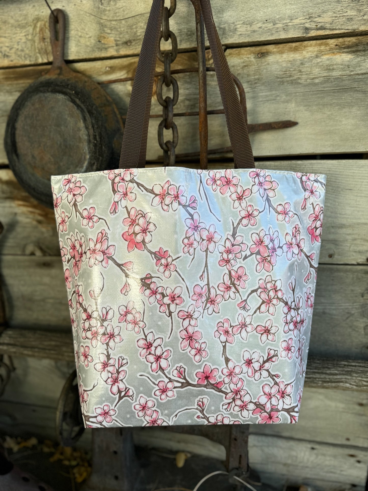 Reversible Oilcloth Totebag - Silver Cherry Blossom with Pink on White Polka