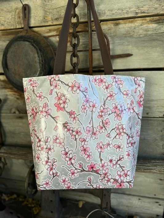 Reversible Oilcloth Totebag - Silver Cherry Blossom with Pink on White Polka