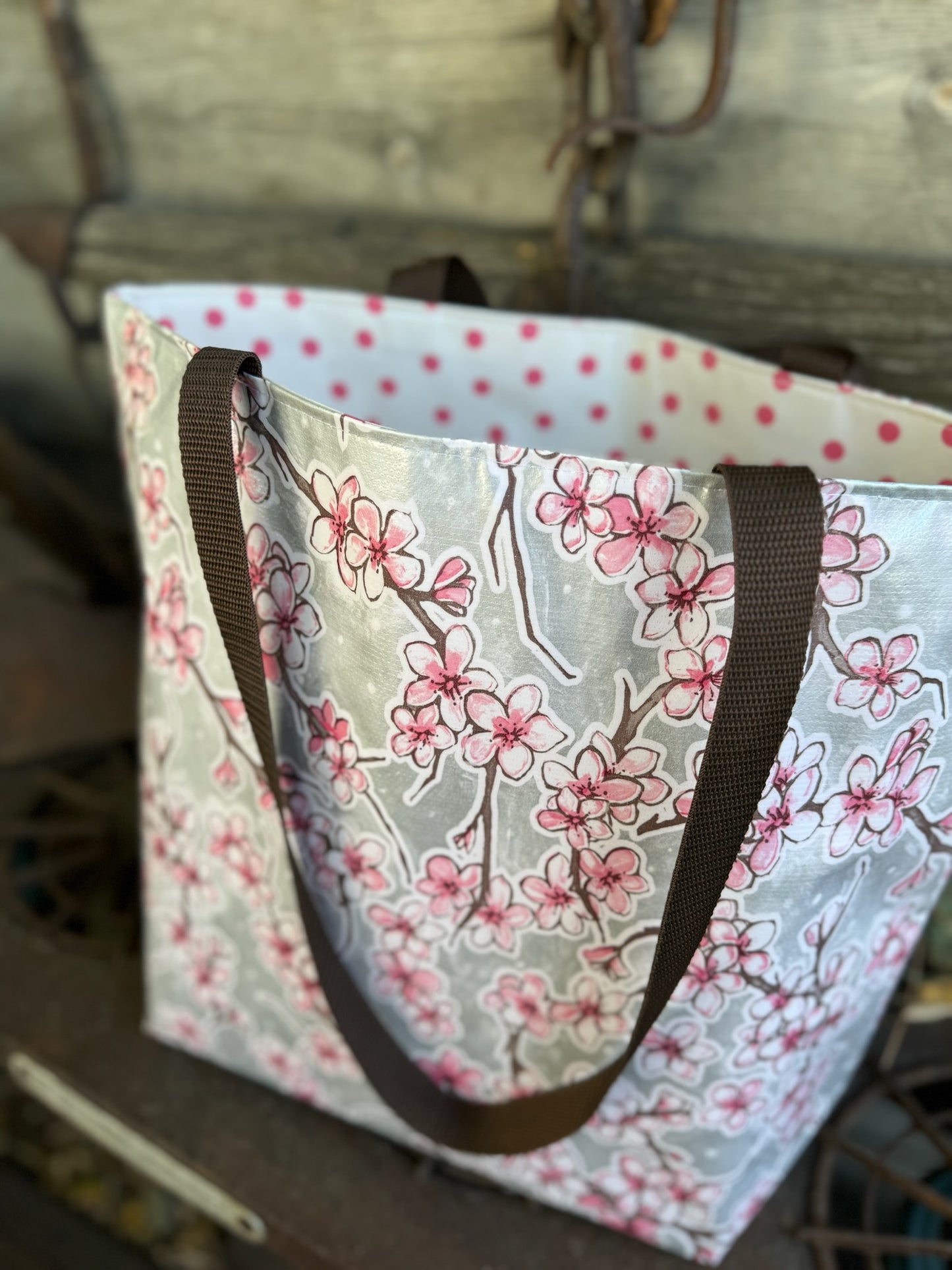 Reversible Oilcloth Totebag - Silver Cherry Blossom with Pink on White Polka