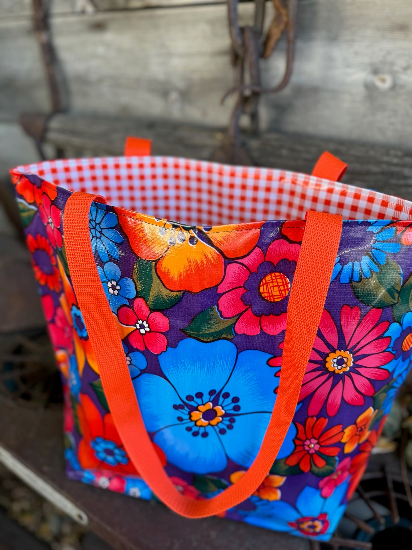 Reversible Oilcloth Totebag - Purple Flora and Orange Gingham