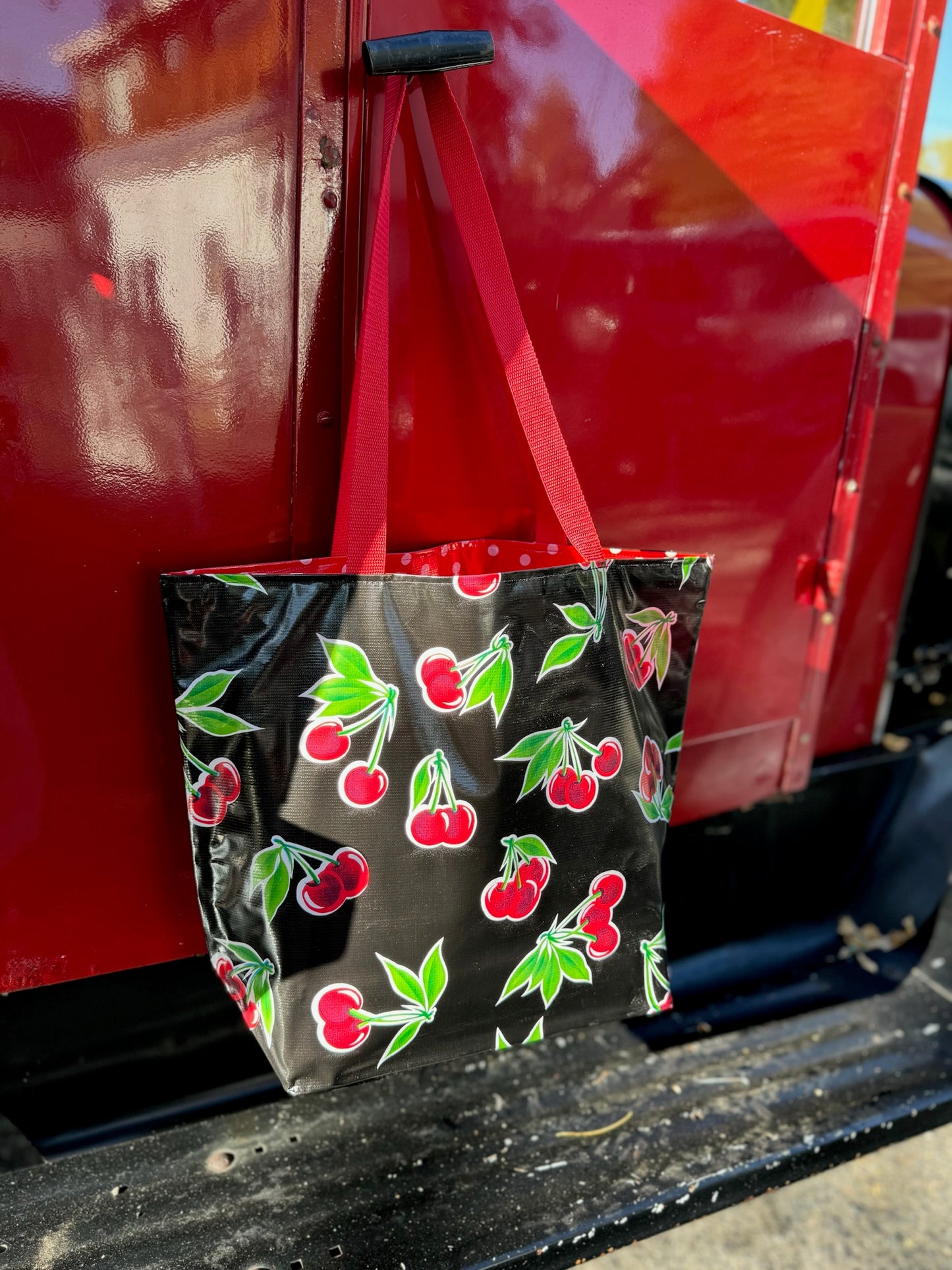 Reversible Oilcloth Totebag - Black Cherry with White on Red Polka - Two Sizes
