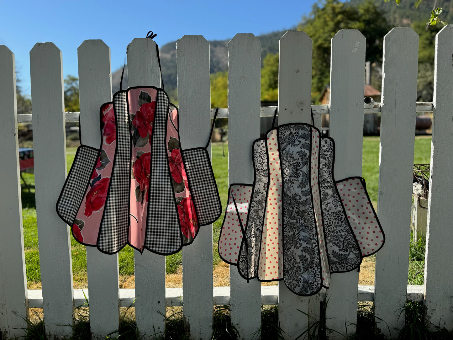 Retro Pink Magenta Blossom Black Gingham Oilcloth Apron