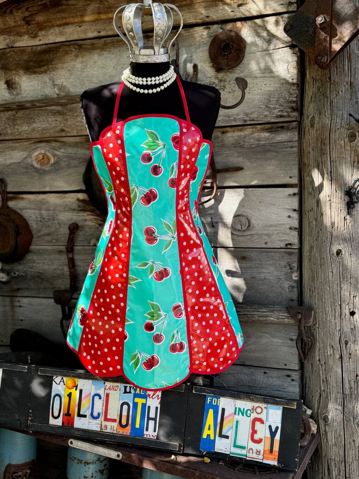 Retro Turquoise Cherry Polka Oilcloth Apron