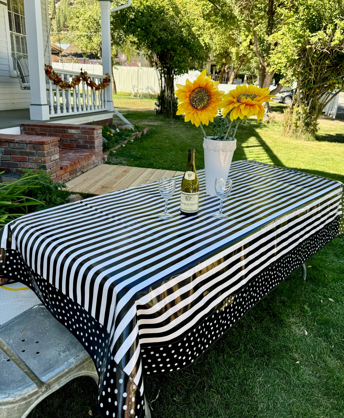Black and White Stripes and White on Black Polka Oilcloth Tablecloth - 84" x 56"