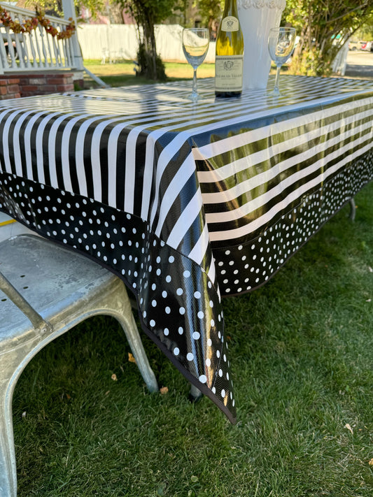 Black and White Stripes and White on Black Polka Oilcloth Tablecloth - 84" x 56"