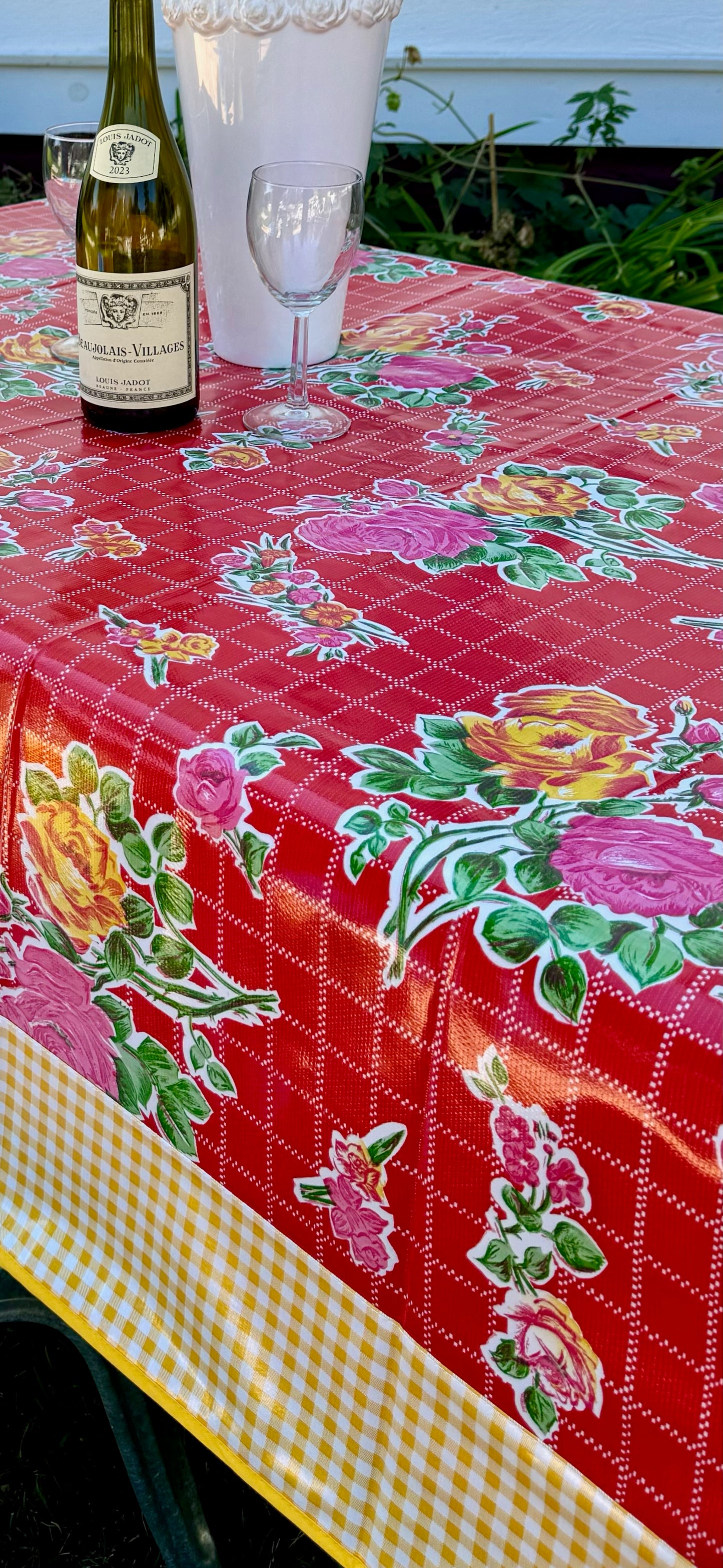 Red Roses and Yellow Gingham Oilcloth Tablecloths - 84" x 56"