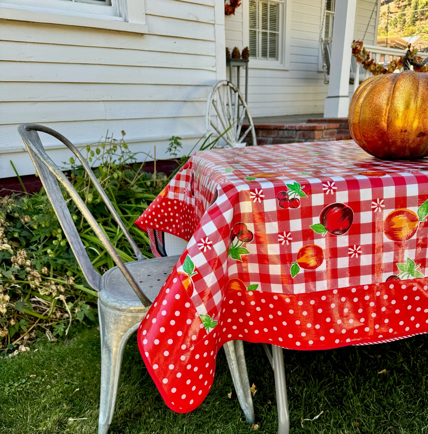 Red Cafe Check with Fruit and White on Red Polka Dots Oilcloth Tablecloths - 84" x 56"