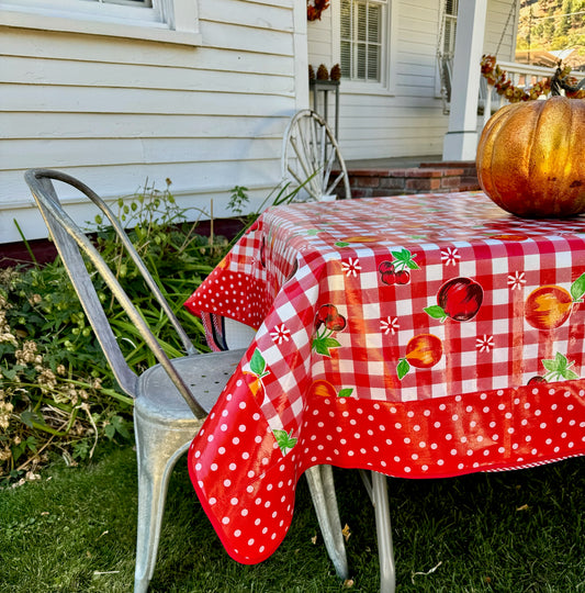 Red Cafe Check with Fruit and White on Red Polka Dots Oilcloth Tablecloths - 84" x 56"