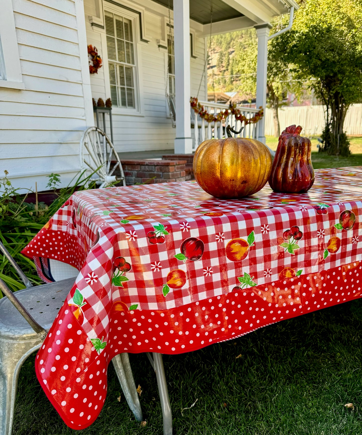 Red Cafe Check with Fruit and White on Red Polka Dots Oilcloth Tablecloths - 84" x 56"