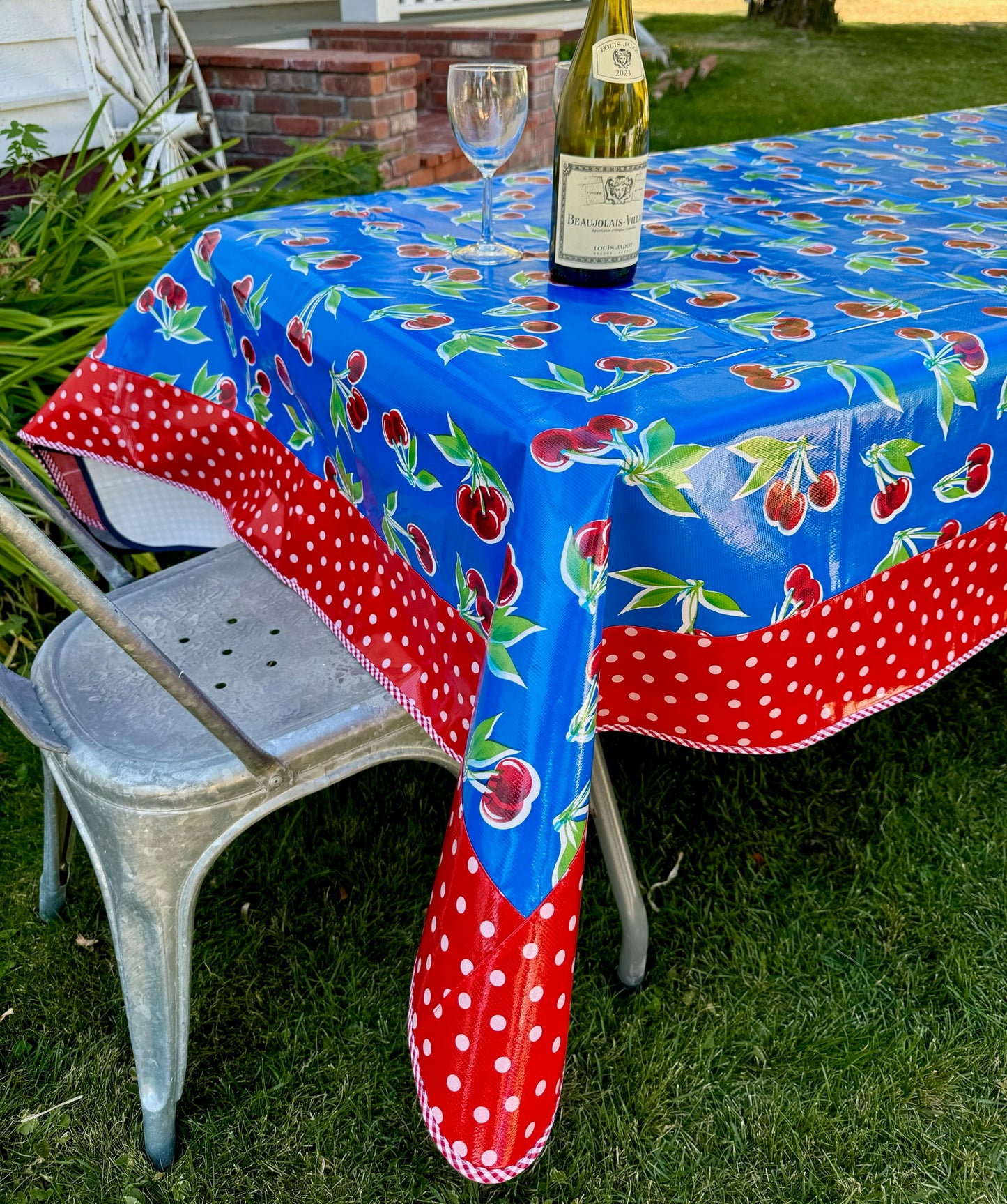 Blue Cherry and White on Red Polka Dots Oilcloth Tablecloths - 84" x 56"
