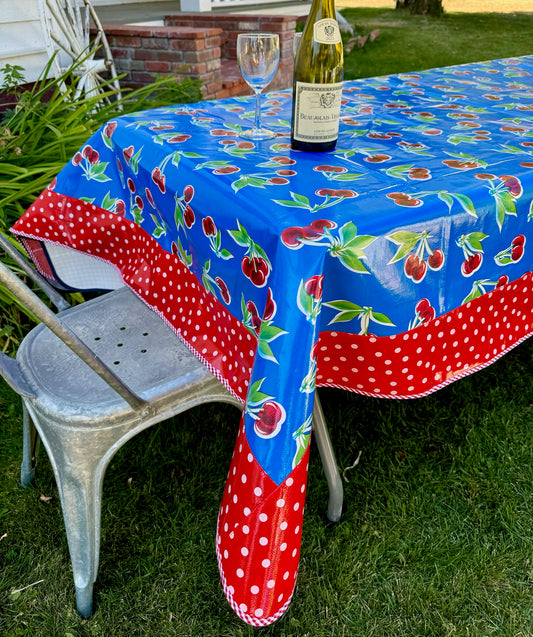 Blue Cherry and White on Red Polka Dots Oilcloth Tablecloths - 84" x 56"