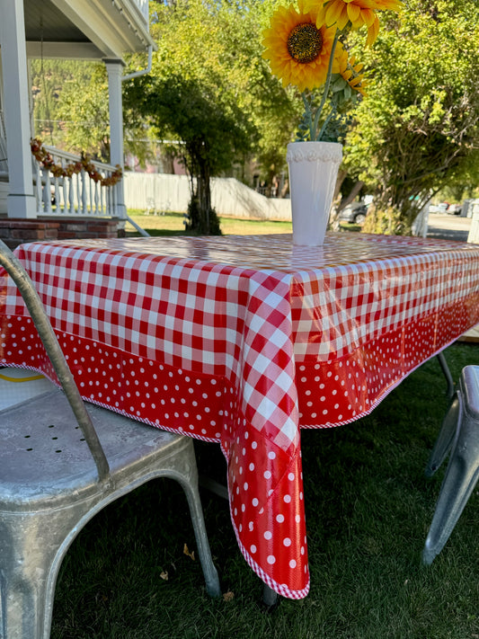 Red Cafe Check with White on Red Polka Dots Oilcloth Tablecloths - 84" x 56"