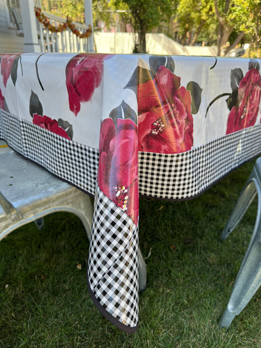 Magenta Blossom and White and Black Gingham Oilcloth Tablecloths - 84" x 56"