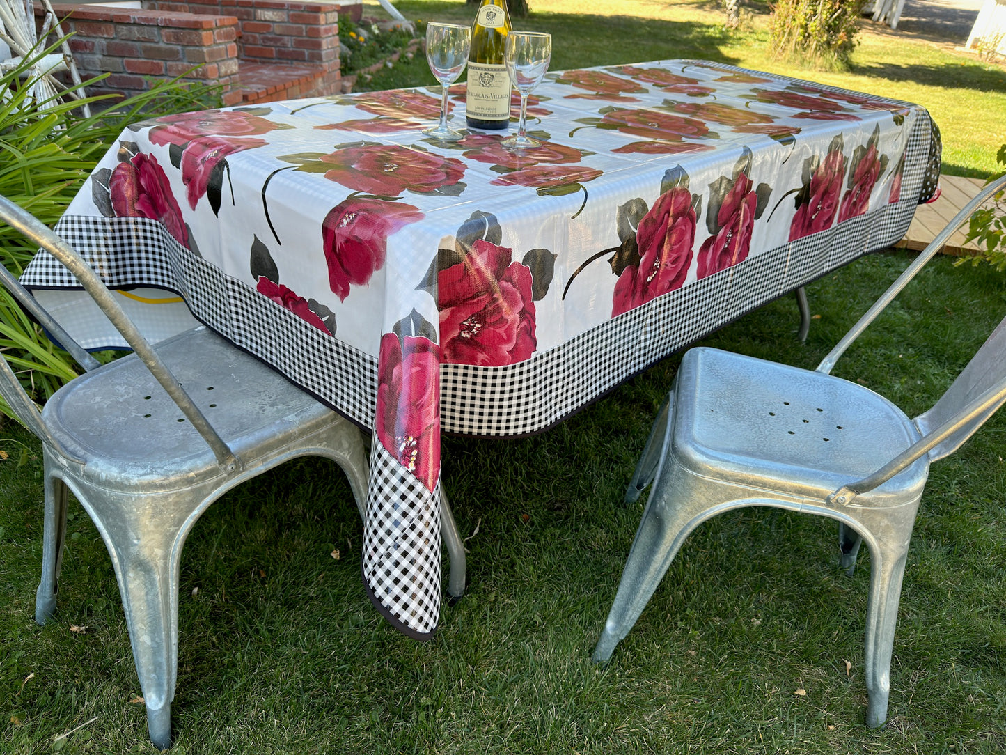 Magenta Blossom and White and Black Gingham Oilcloth Tablecloths - 84" x 56"