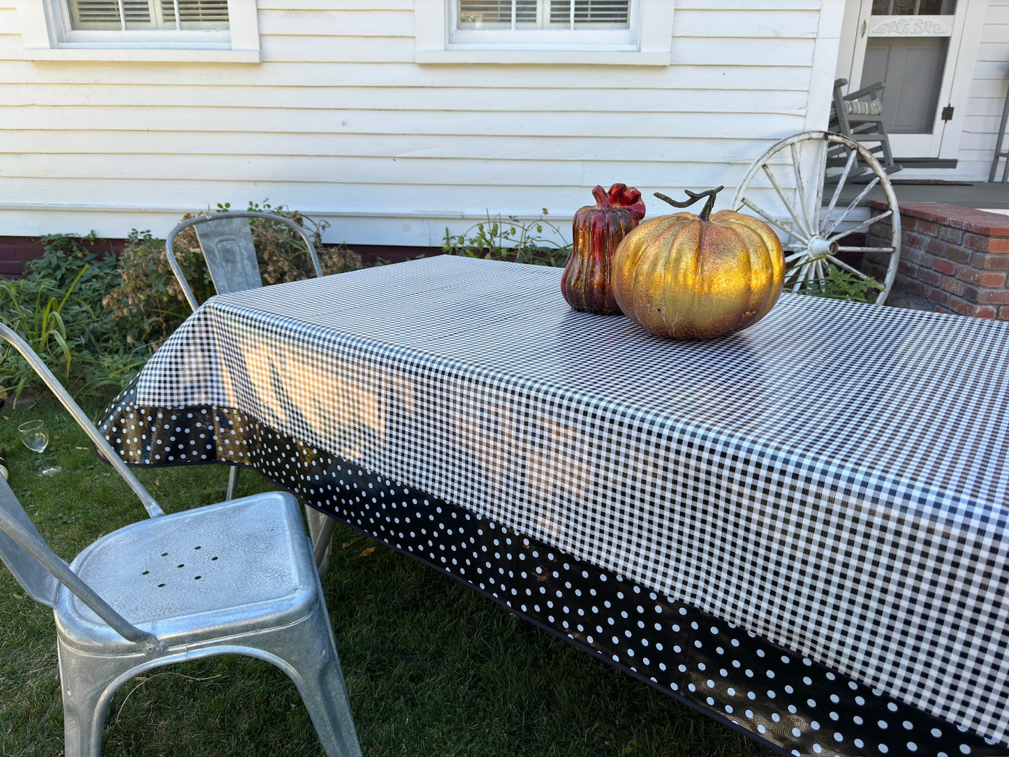 Black and White Gingham and White on Black Polka Dot Oilcloth Tablecloths - 84" x 56"