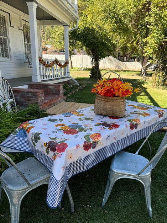 White Mums and Black and White Gingham Oilcloth Tablecloths - 84" x 56"