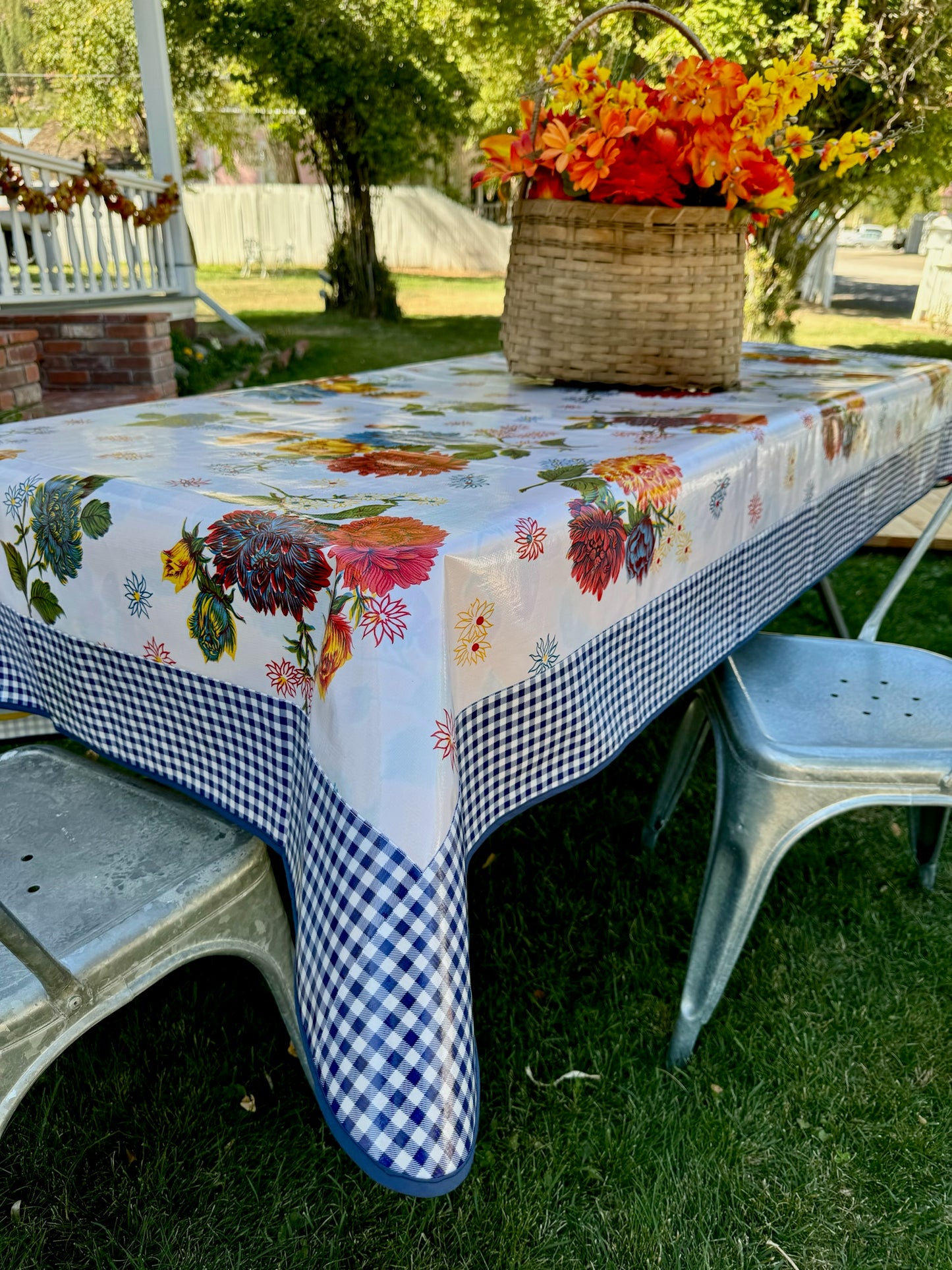 White Mums and Black and White Gingham Oilcloth Tablecloths - 84" x 56"