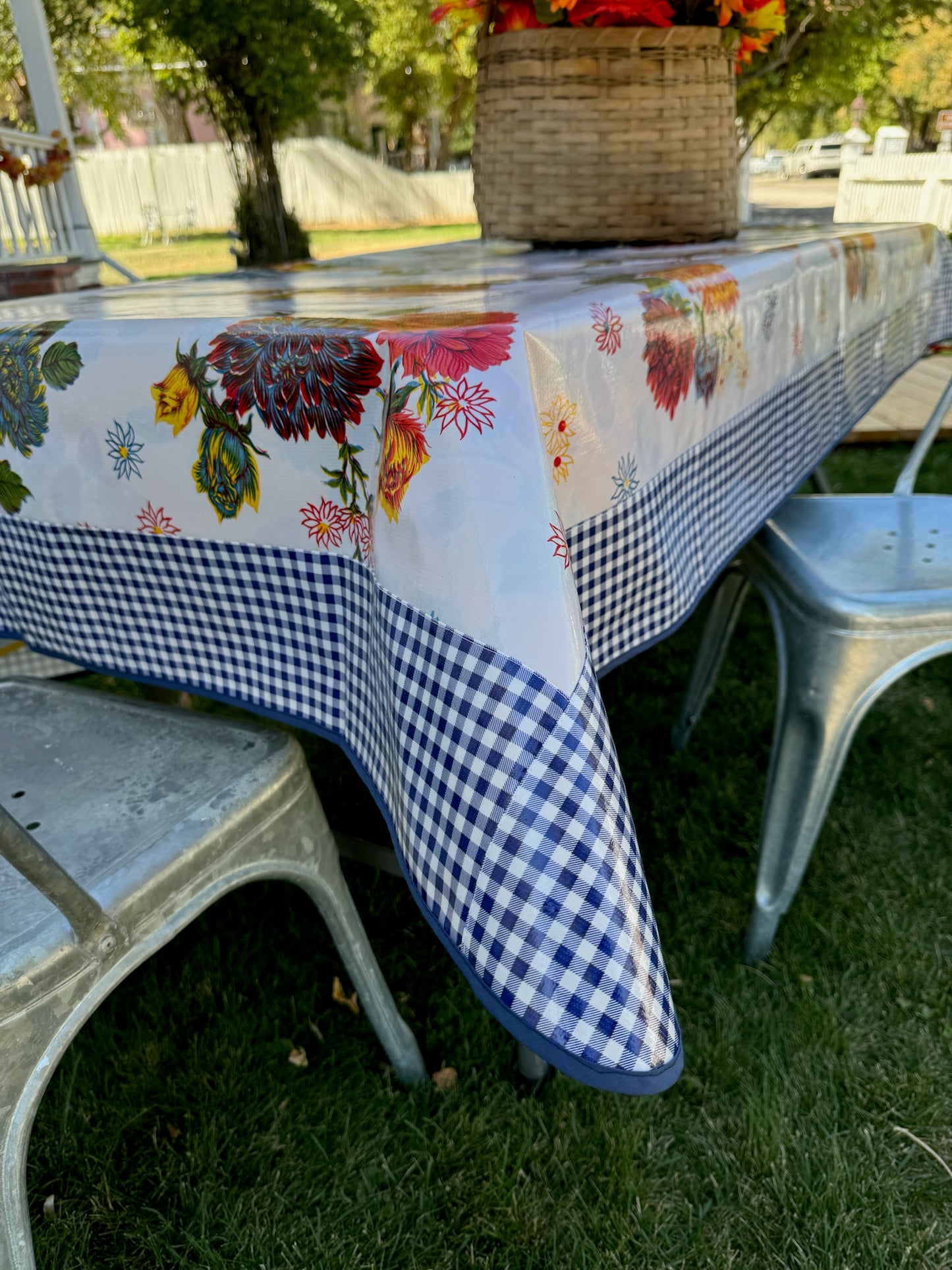 White Mums and Black and White Gingham Oilcloth Tablecloths - 84" x 56"