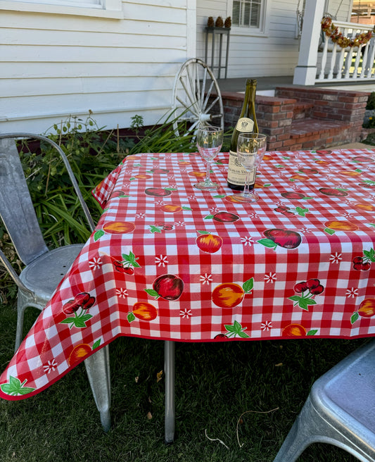 Red Cafe Check With Fruit Oilcloth Tablecloths