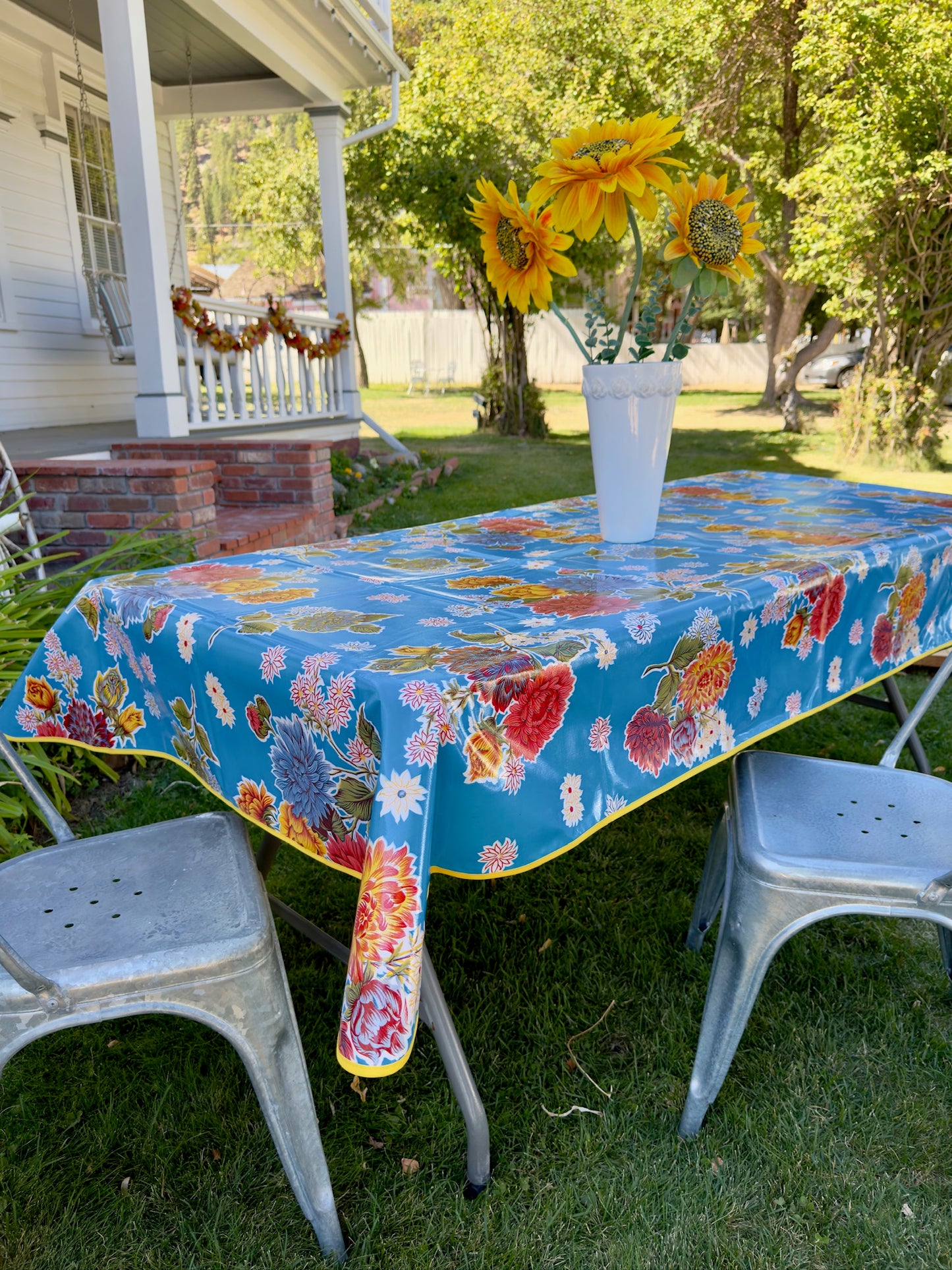 Light Blue Mums Oilcloth Tablecloths