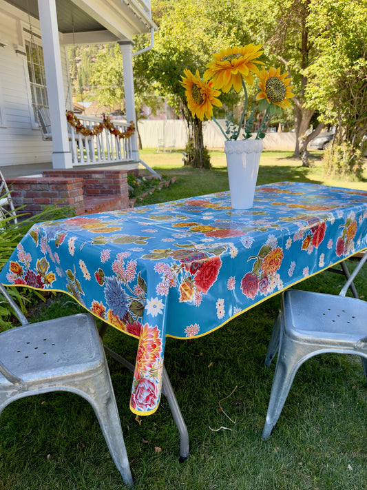 Light Blue Mums Oilcloth Tablecloths
