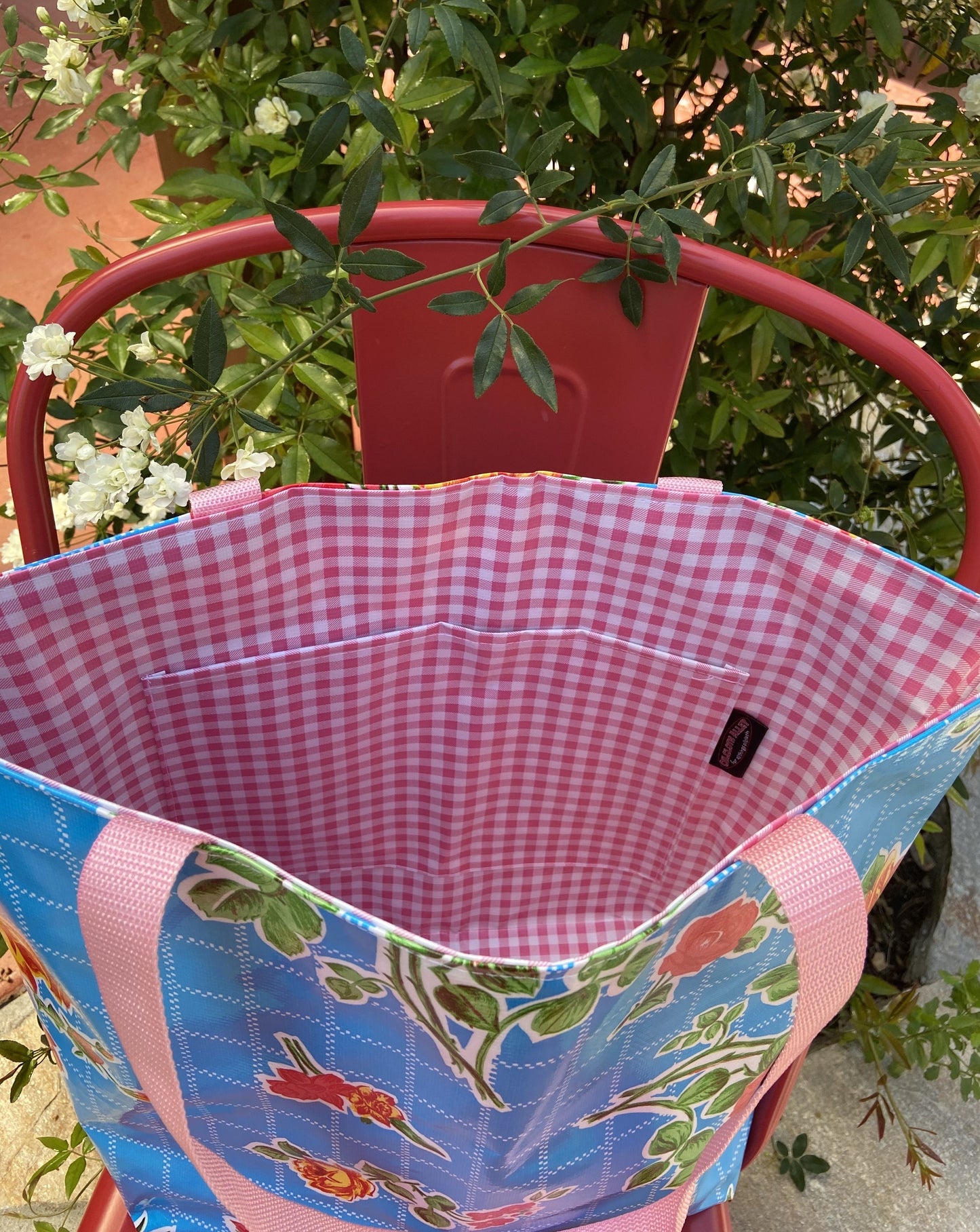 Reversible Oilcloth Totebag - Aqua Roses with Pink Gingham - Two Sizes