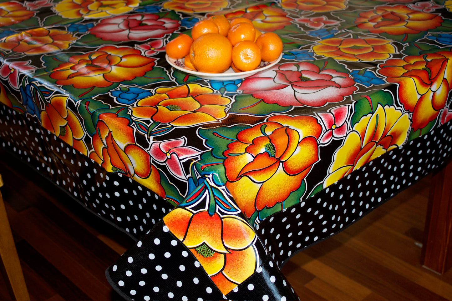 Black Royal Roses and White on Black Polka Dot Polka Dot Oilcloth Tablecloths - 84" x 56"