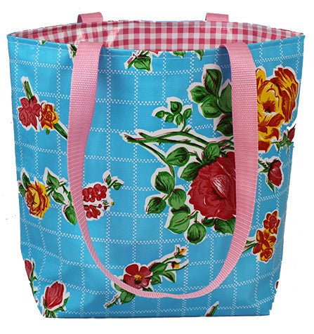 Reversible Oilcloth Totebag - Aqua Roses with Pink Gingham - Two Sizes
