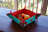 Reversible Oilcloth Basket in Turquoise Cherry and White on Red Polka Dot