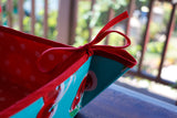 Reversible Oilcloth Basket in Turquoise Cherry and White on Red Polka Dot