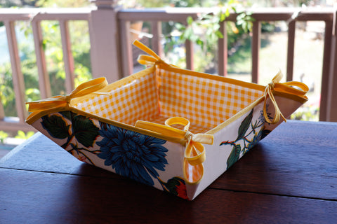 Reversible Oilcloth Basket in White Mums and Yellow Gingham