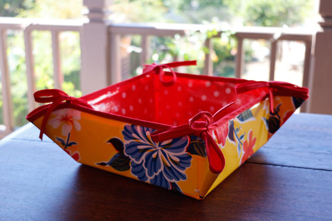 Reversible Oilcloth Basket in Yellow Hibiscus and White on Red Polka Dot