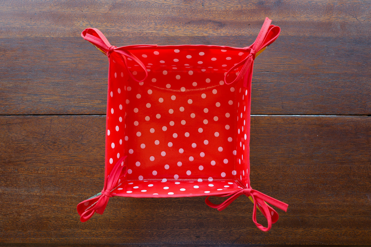 Reversible Oilcloth Basket in Yellow Hibiscus and White on Red Polka Dot