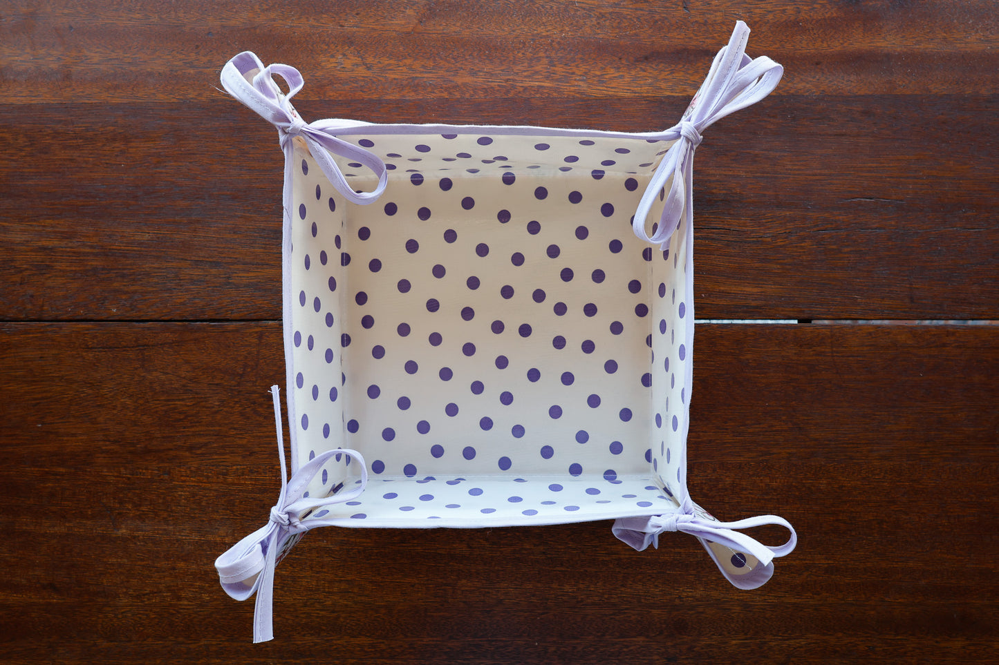 Reversible Oilcloth Basket in Purple Cherry Blossom and Purple on White Polka Dot