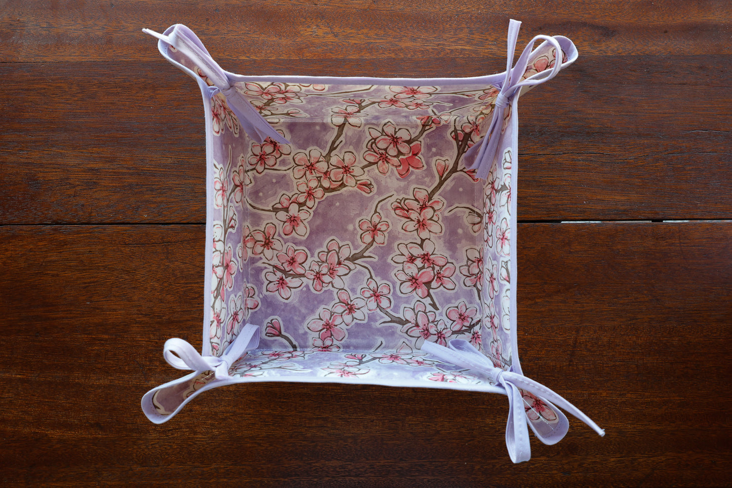 Reversible Oilcloth Basket in Purple Cherry Blossom and Purple on White Polka Dot